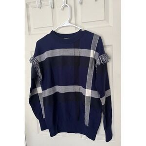 Tory Burch Gwen Sweater Wool Blend Navy Check Fringe Sleeves Women's XS